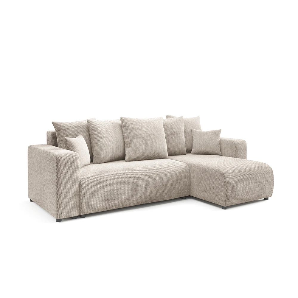 Canapé d'angle droit convertible 4 places en tissu beige