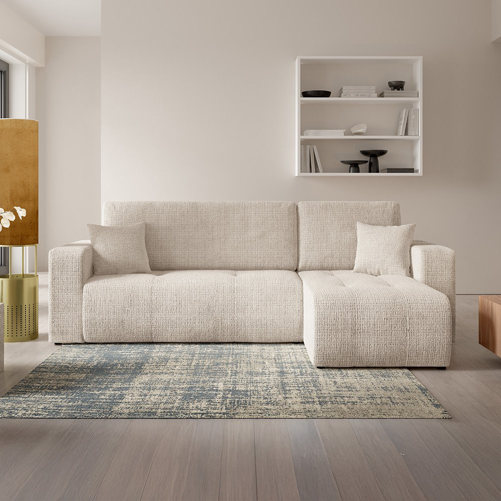 Canapé d'angle droit 3 places en tissu texturé beige