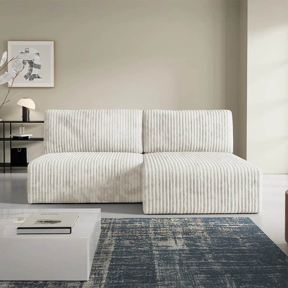 Canapé d'angle convertible et modulable 4 places en côtelé beige