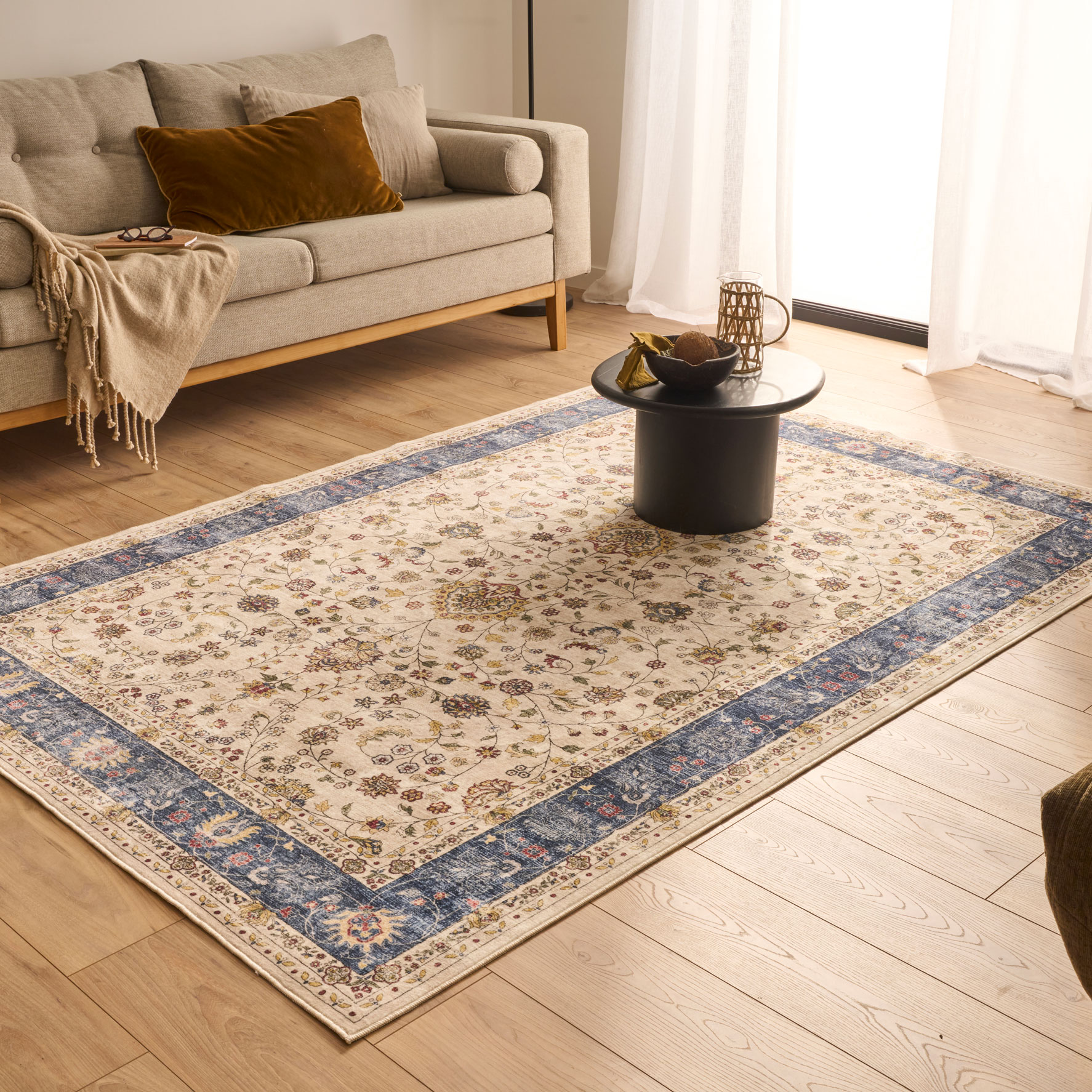 Tapis doux à poils courts motif oriental bleu - 120x160 cm