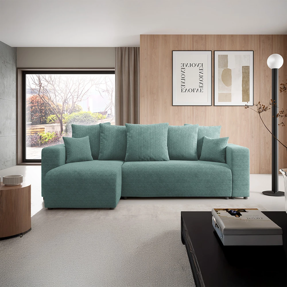 Canapé d'angle gauche convertible 4 places en tissu vert d'eau