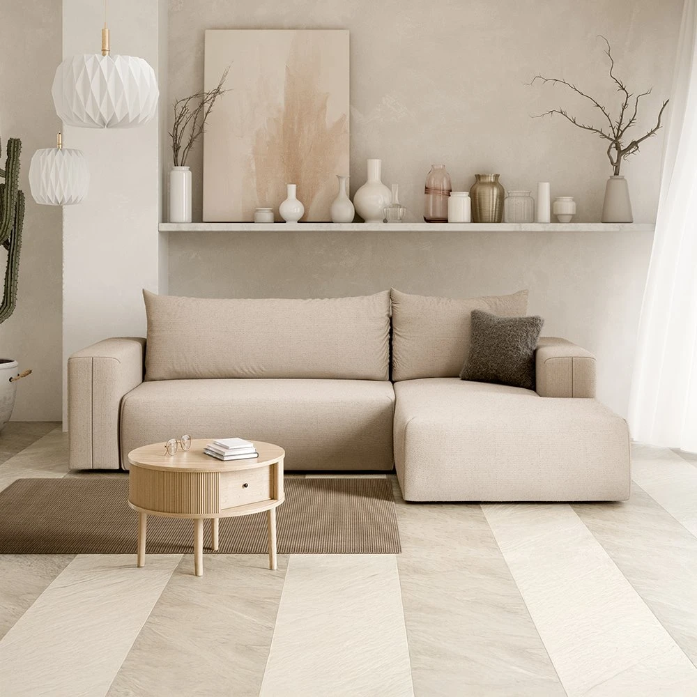 Canapé d'angle droit convertible 4 places en tissu beige