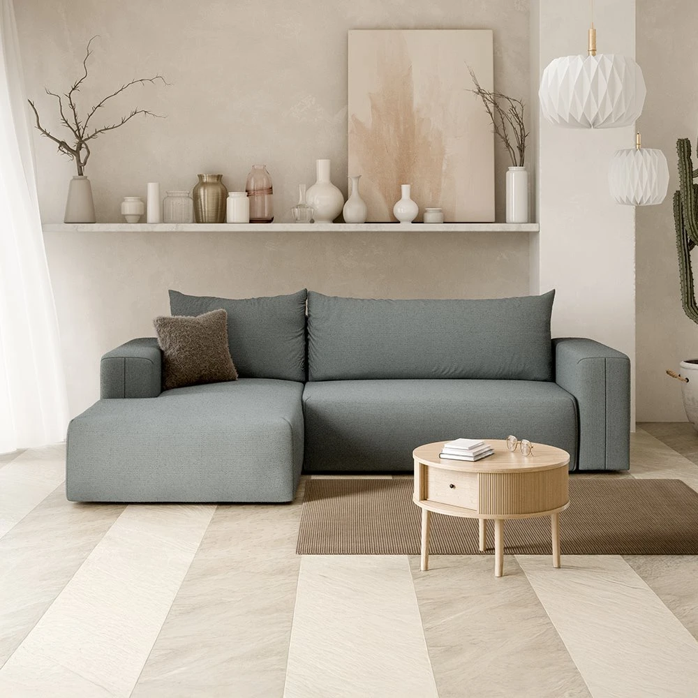 Canapé d'angle gauche convertible 4 places en tissu gris clair