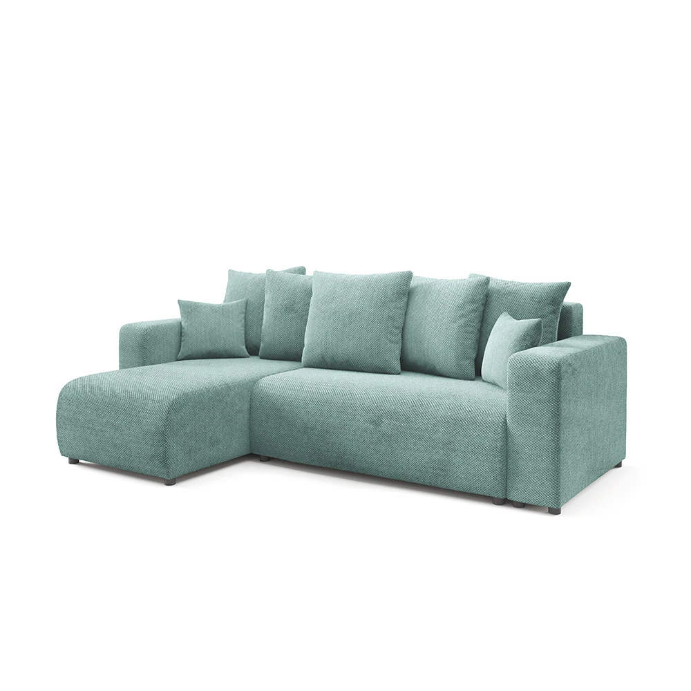 Canapé d'angle gauche convertible 4 places en tissu vert d'eau