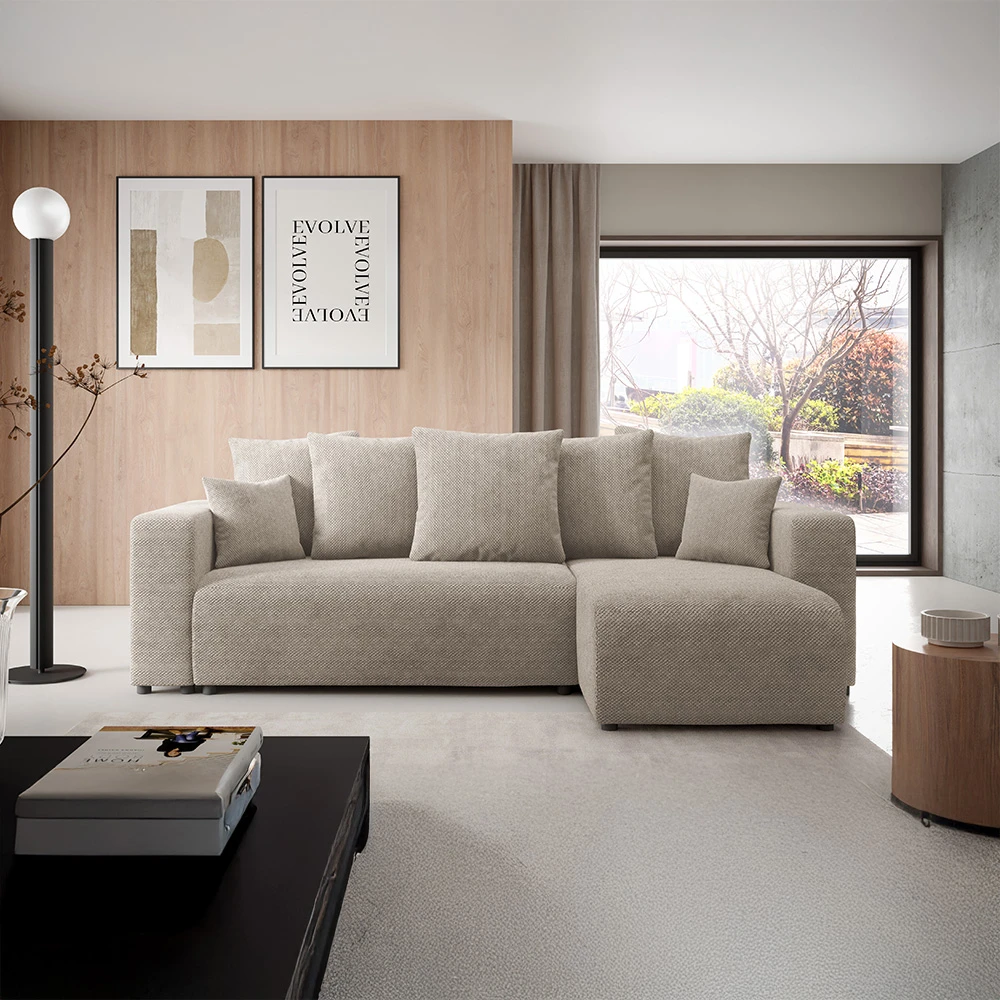 Canapé d'angle droit convertible 4 places en tissu beige
